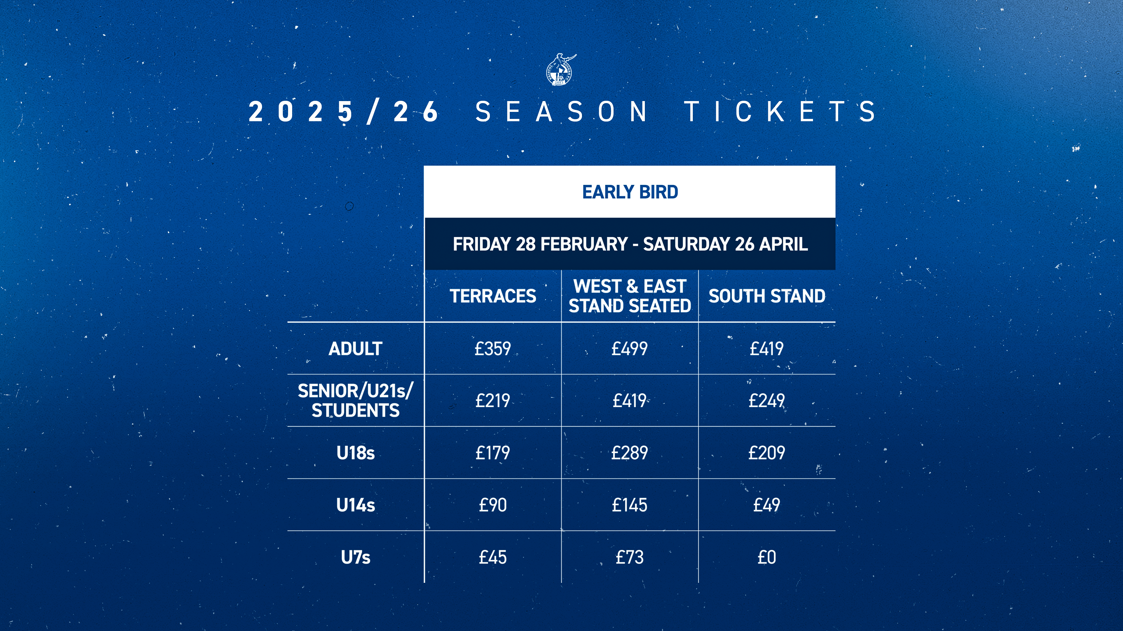 Early Bird Season Ticket prices 2025/26