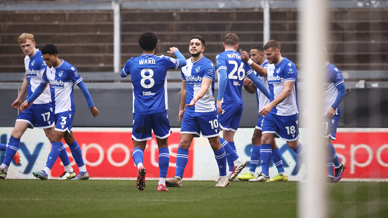 Bristol Rovers celebrate Chris Martins goal against Burton Albion