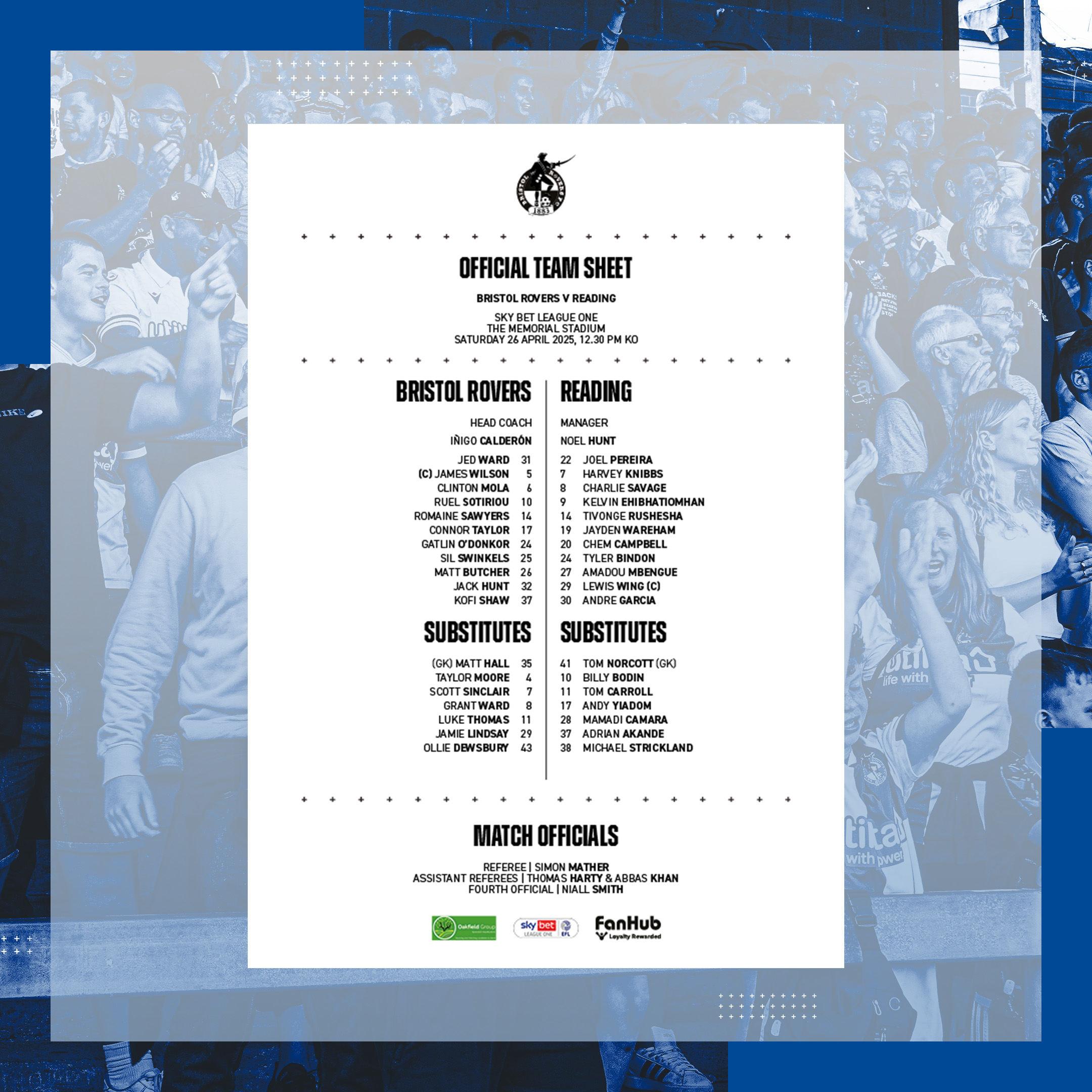 Photograph of matchday team sheet