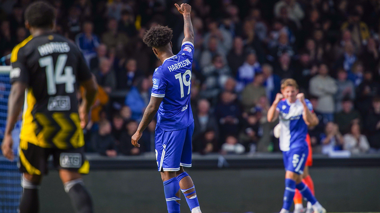 Ellis Harrison celebrates his goal with Alfie Kilgour