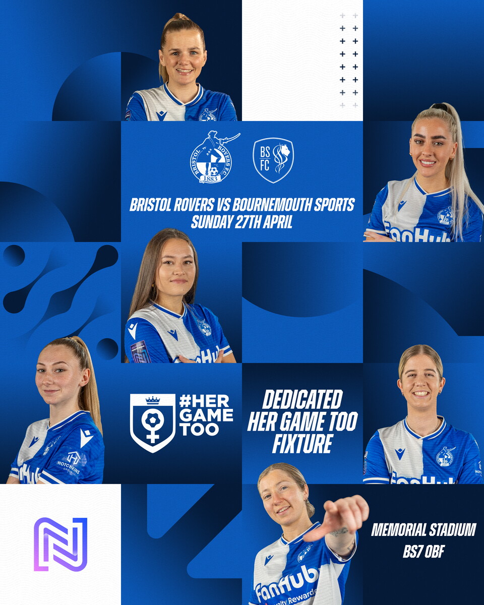 Graphic containing several bristol rovers women's players, with information about their upcoming game