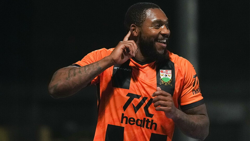 Britt Assombalonga of Barnet celebrates their goal,