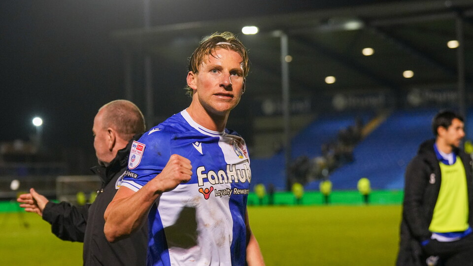 Alfie Kilgour celebrates Bristol Rovers' victory over Shrewsbury