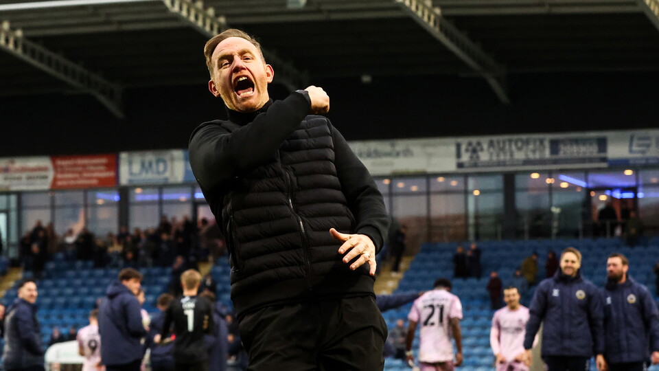 Shrewsbury Town Manager Gavin Cowan celebrates at full time 