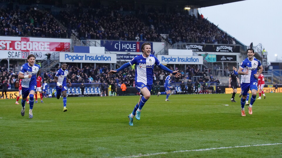 Tommy Leigh celebrating his second goal against Crewe Alexandra