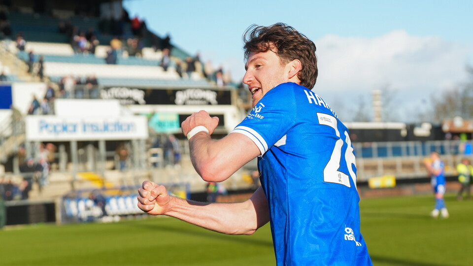 Riley Harbottle celebrates his win over Accrington Stanley