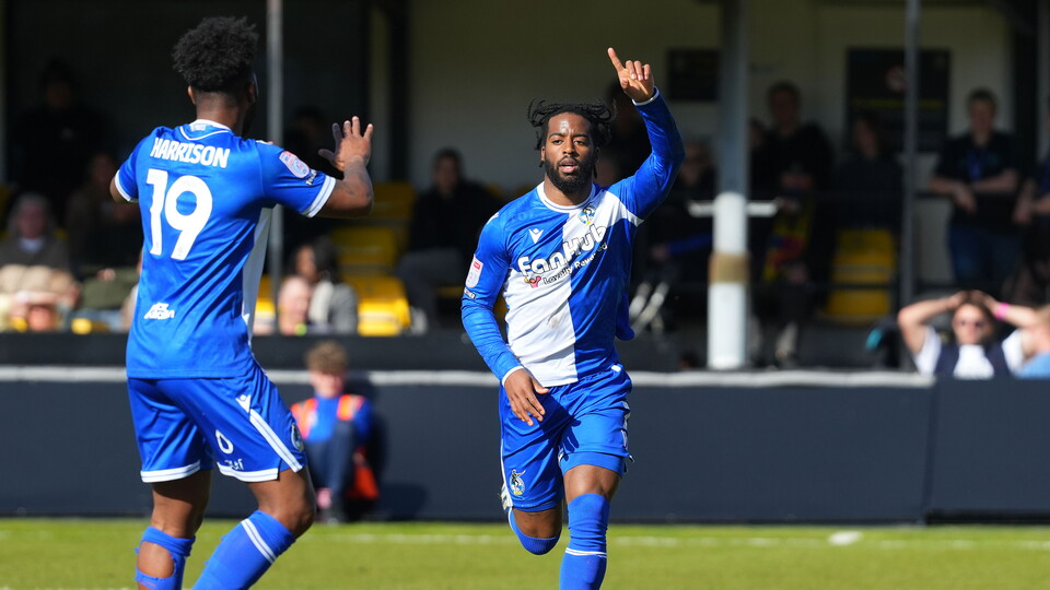 Shaq Forde celebrates his assist with Ellis Harrison