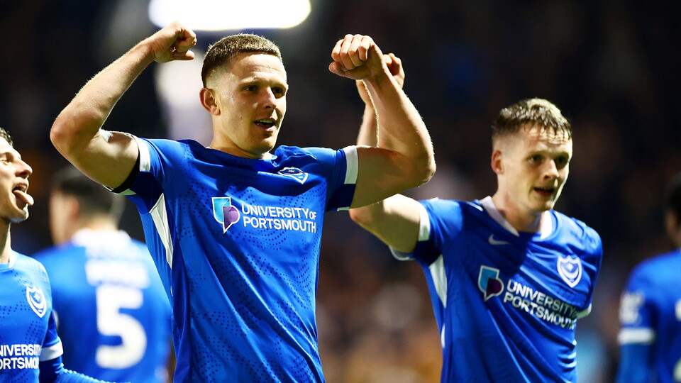 Colby Bishop of Portsmouth celebrates scoring a goal after making the score 2-0.