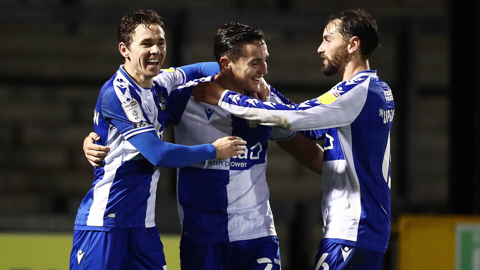 Josh Hare of Bristol Rovers celebrates scoring his sides fourth goal.