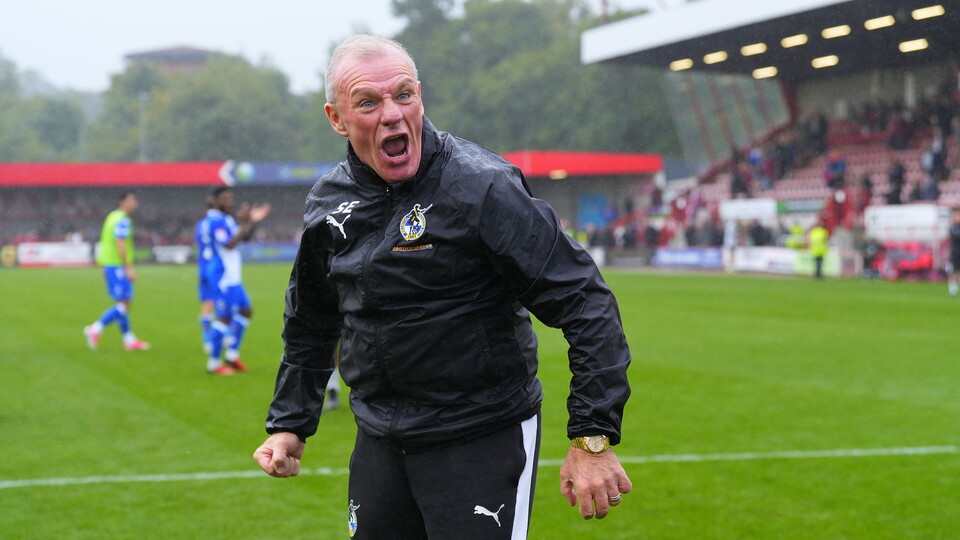 Steve Evans celebrates Bristol Rovers' victory over Crawley Town