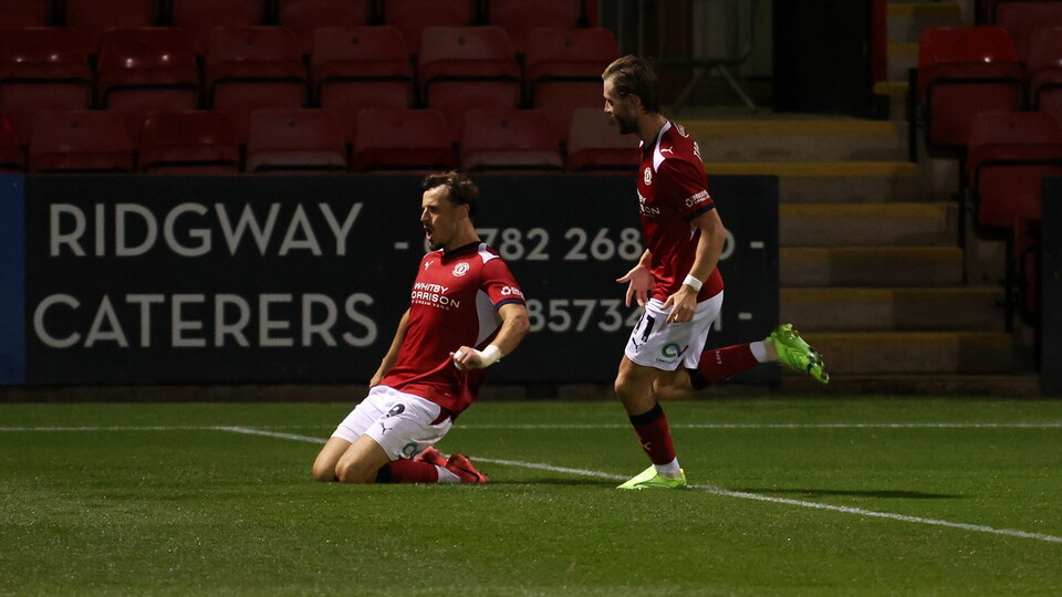 Josh March of Crewe Alexandra scores the sides first goal to make it 1-1 