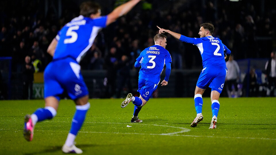 Jack Sparkes scores a free-kick versus Salford